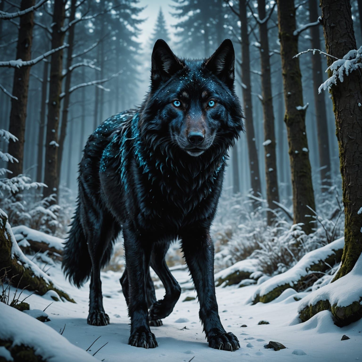 Lone Wolf Creeping Through Midnight Forest