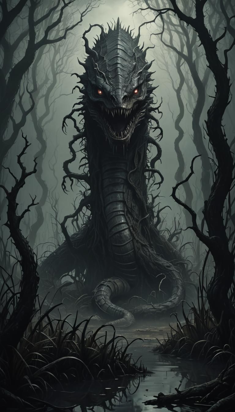 A nightmare sandworm in a swamp, hiding as a tree,Mire Wyrm, camouflages, in the swamp unseen, a dragon worm hybrid 
bar...