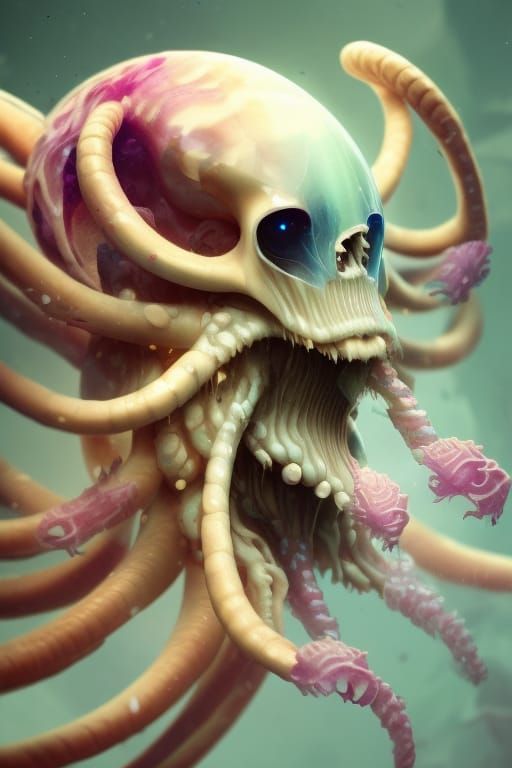 Goddess with Ram Skull: Bioluminescent Underwater Portrait