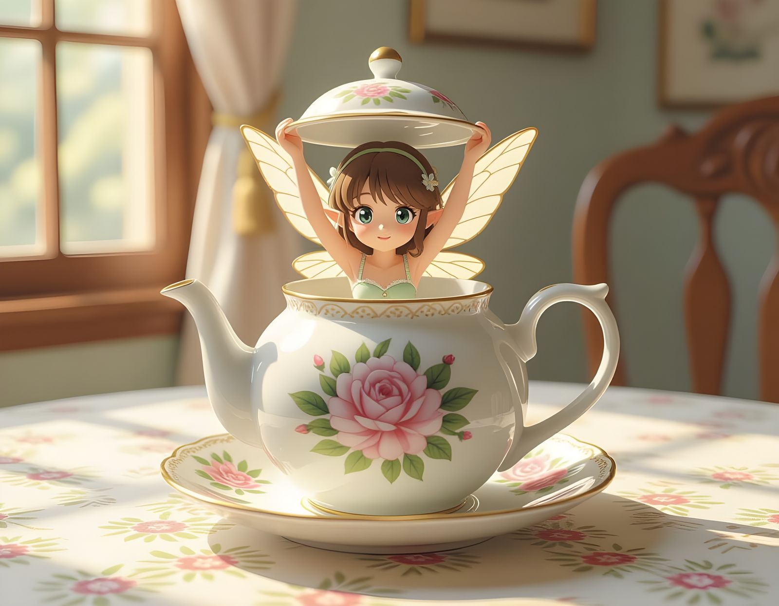 Fairy Peeking From Ceramic Teapot, Anime Style