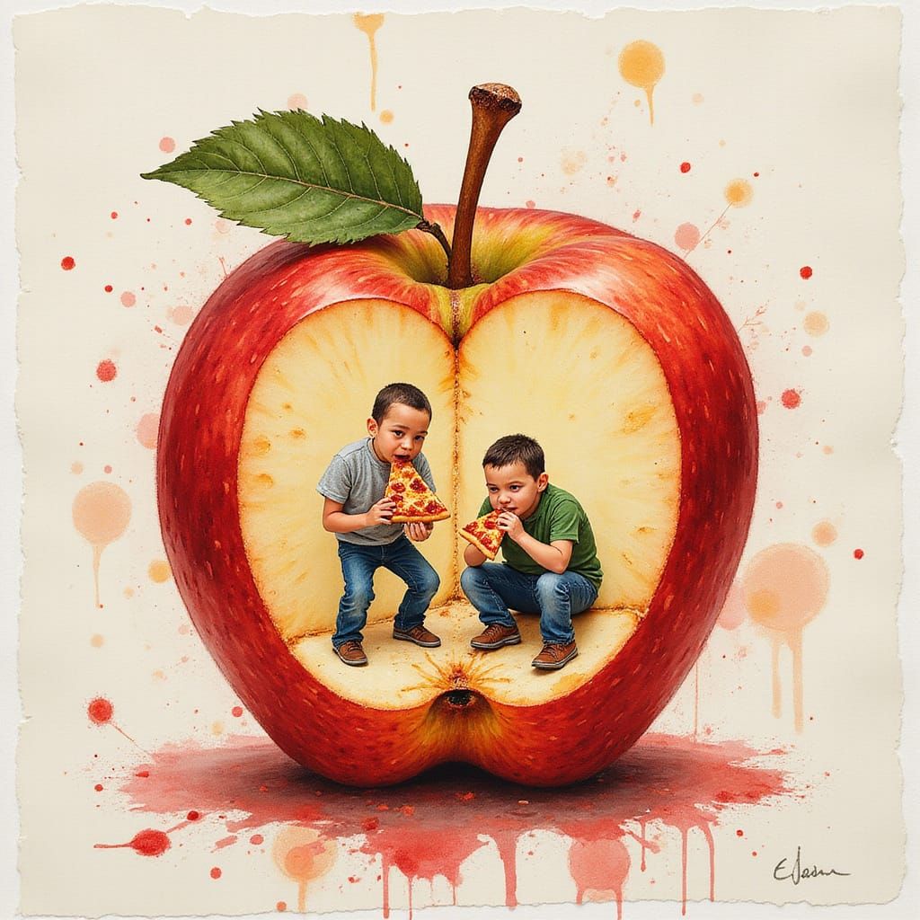 Miniature Men Eating Pizza in Apple, Watercolor