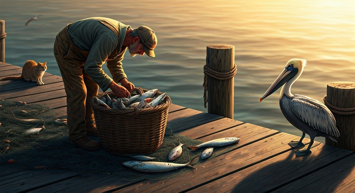 Fisherman, Pelican, and Cat on a Sunny Dock