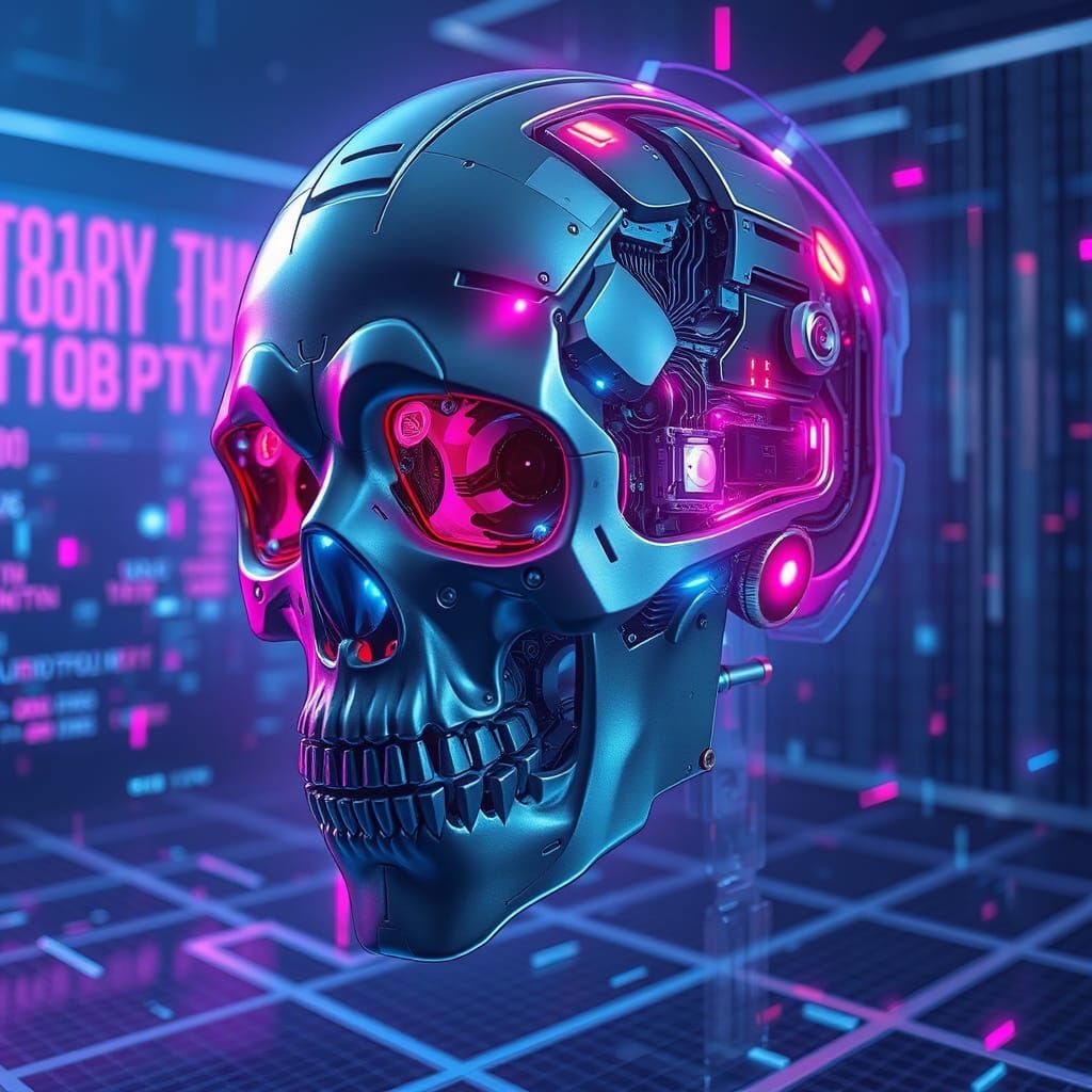 Hyper-Realistic Cybernetic Skull in Neon-Lit Digital Realm