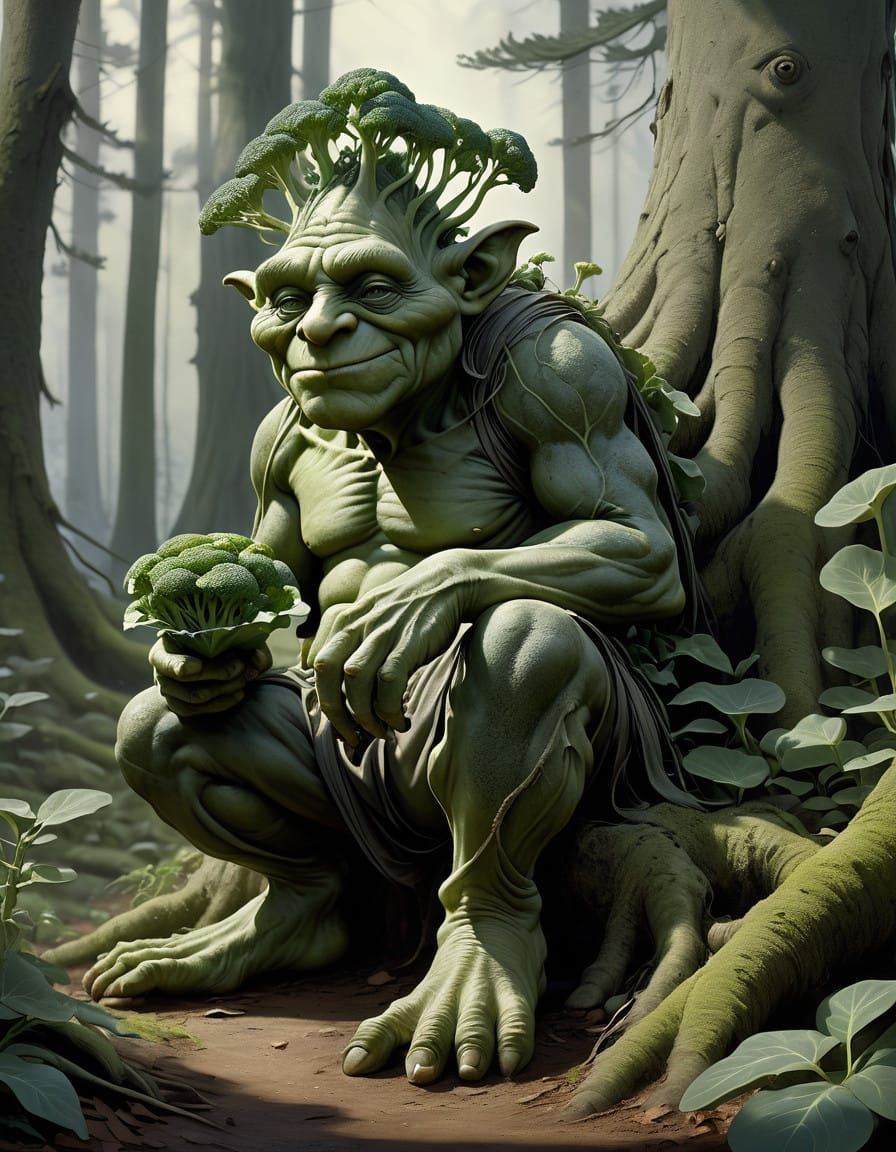 Emerald Green Broccoli Troll Sculpture in Whimsical Forest S...