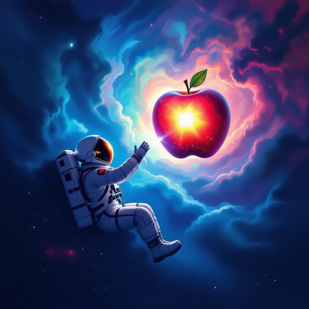 Astronaut Reaches for Cosmic Apple in Nebula