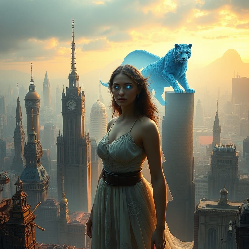 Steampunk Woman with Void Eyes in Metropolis