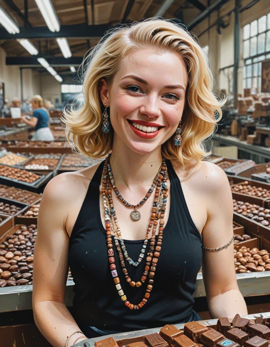 Woman in Chocolate Factory as Impasto Gouache