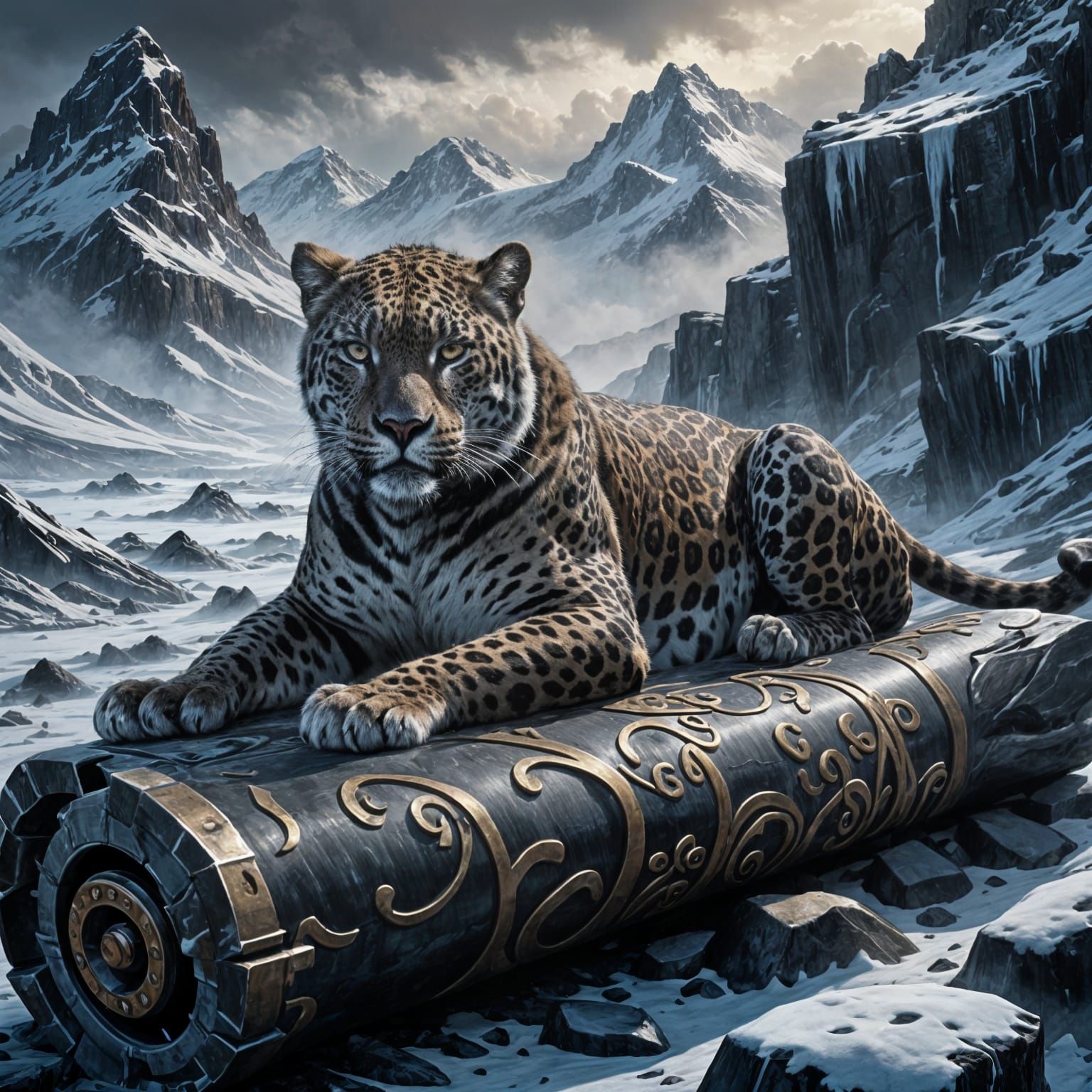 Ancient Jaguar Unfurls Secrets in Obsidian Tundra Dreamscape