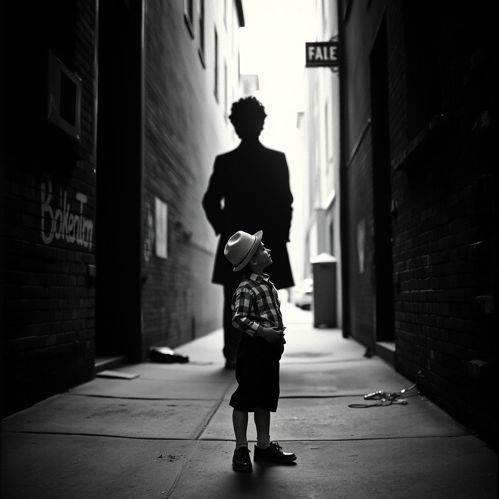 Boy Gazing at Shadow in Gritty New York Alley