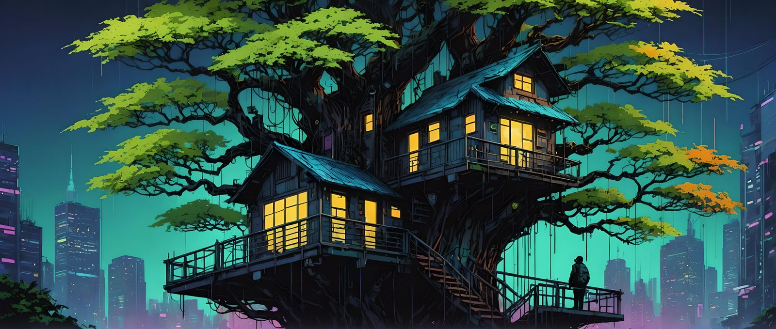 Cyberpunk Treehouse Silhouette Portrait in Digital Art Style