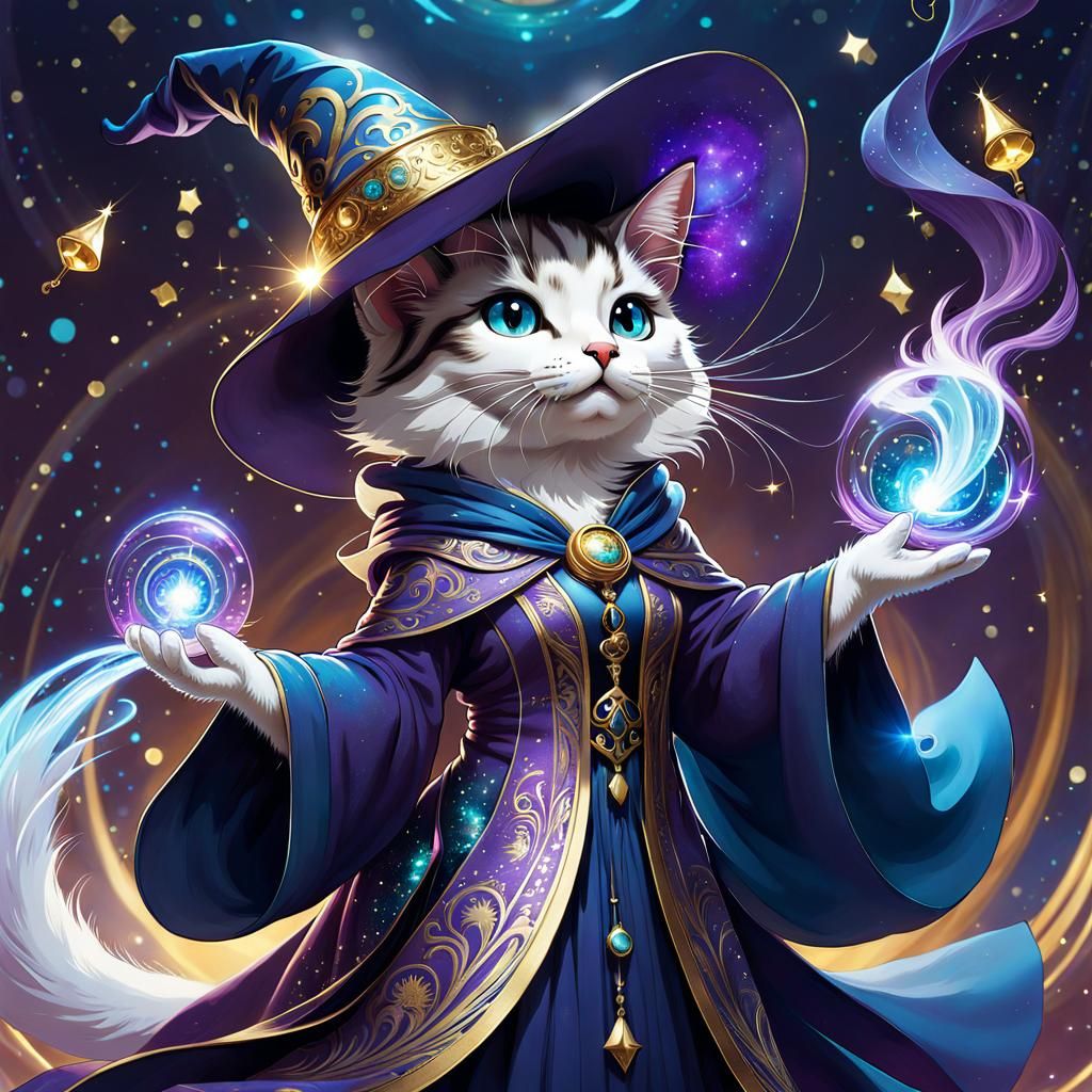 Magical Feline Wizard in Dynamic Pose