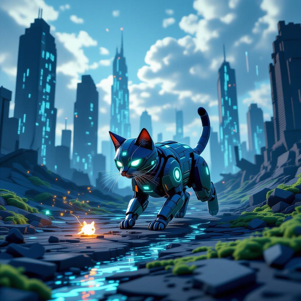 Robotic Cat Chase in Low-Poly Ruined City
