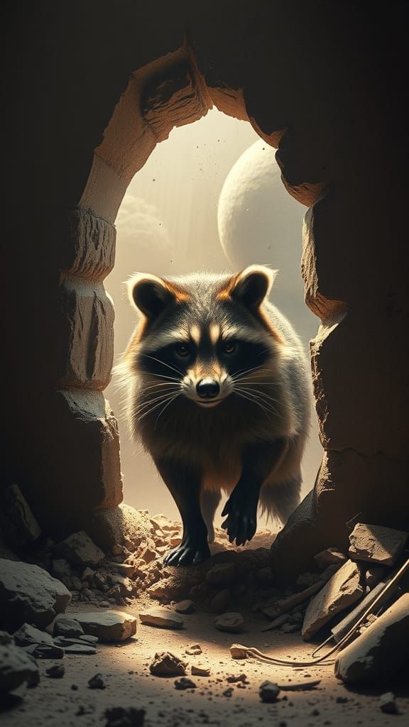 Raccoon Bursts Through Wall in Hyper-Realistic Style