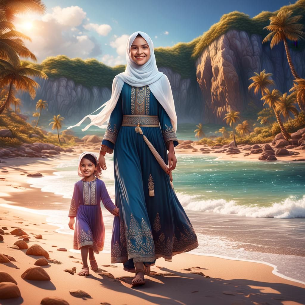 Muslim Woman and Daughter at the Beach
