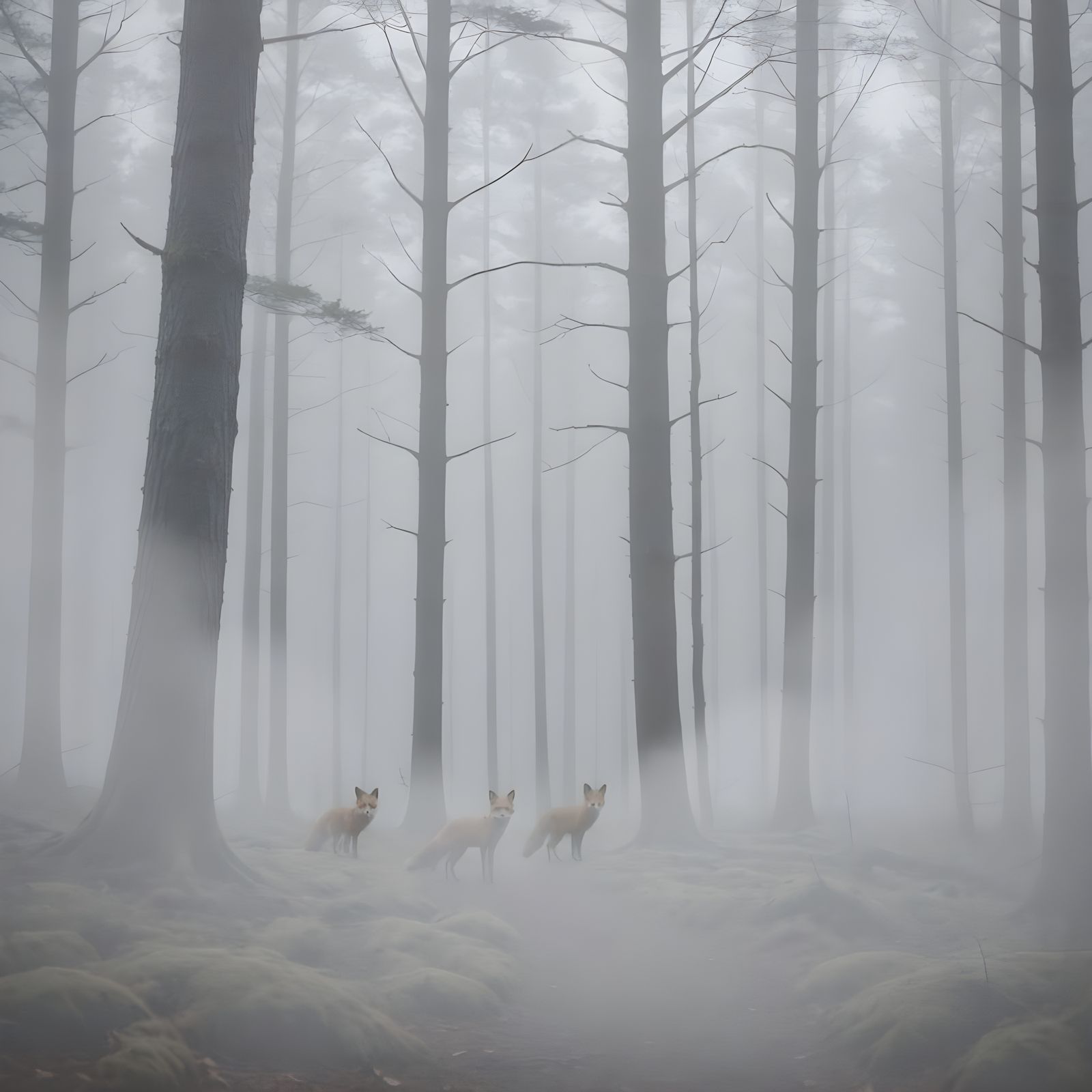 Atmospheric Fox Silhouettes in Foggy Forest