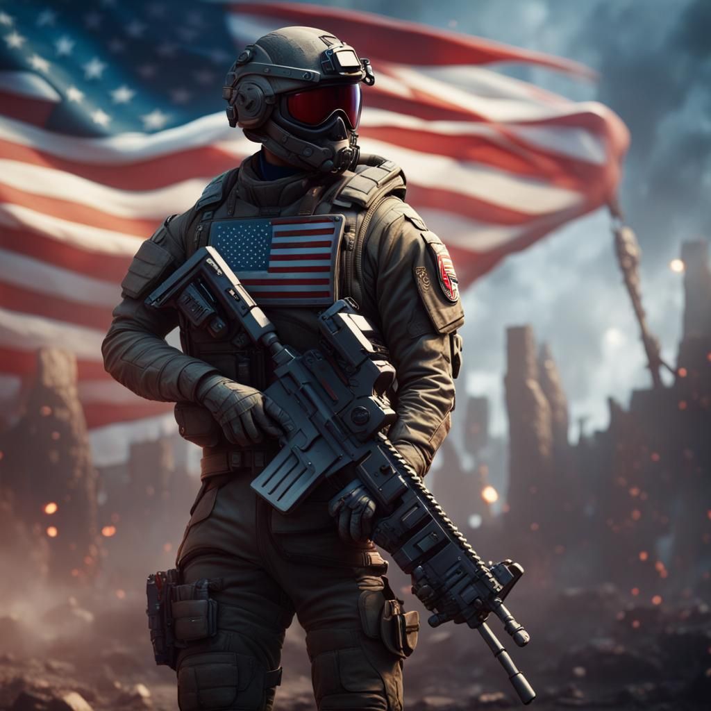 Futuristic Soldier with American Flag Art
