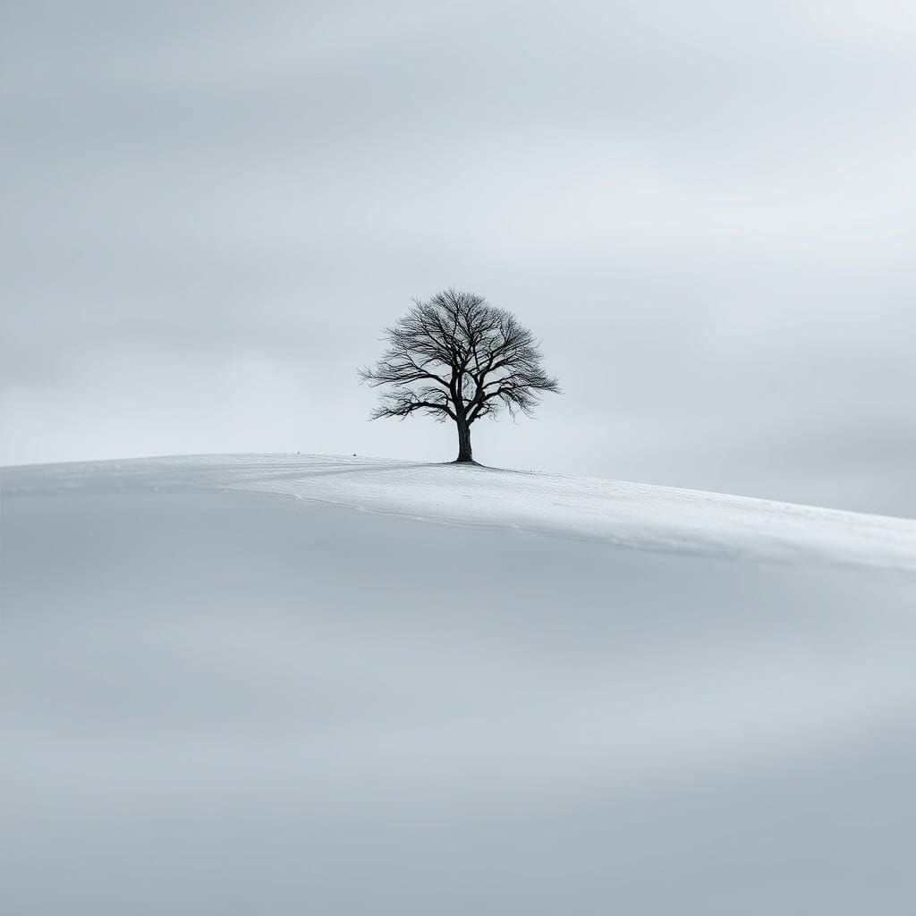 Minimalist Monochromatic Winter Landscape with Lone Tree