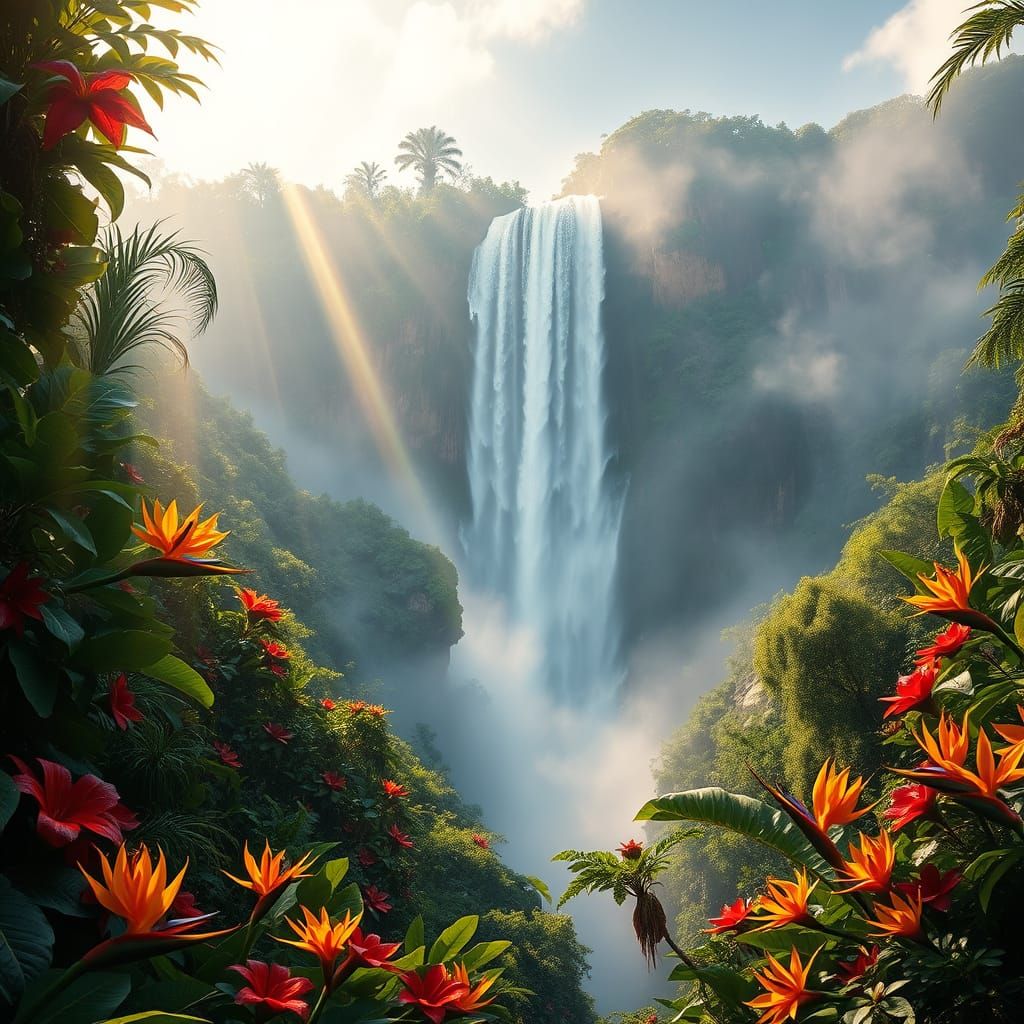 Tropical Oasis with Majestic Waterfall and Vibrant Blooms