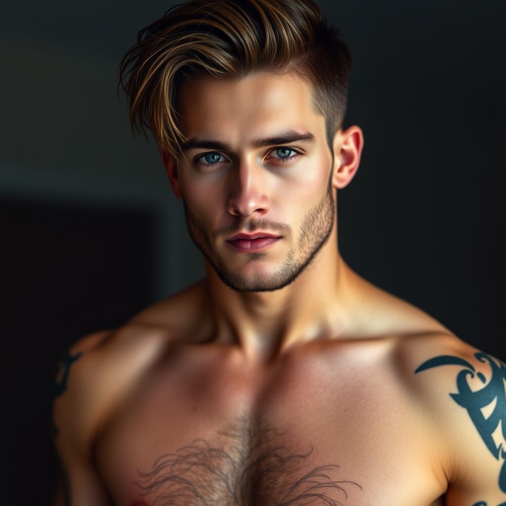 Chiseled Gay Male Model with Chest Hair and Tattoos
