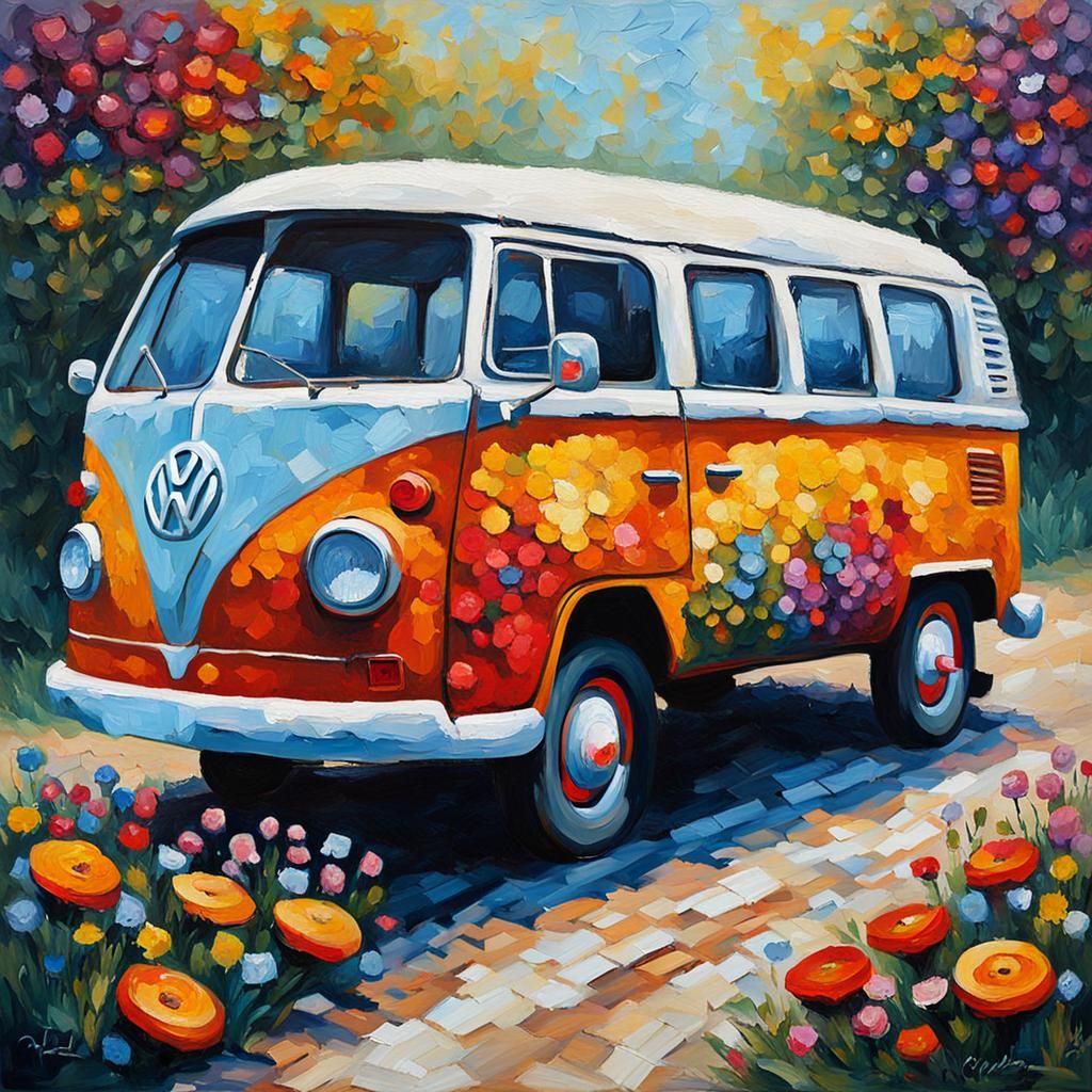 Flower-Painted VW Van in Expressionist Style