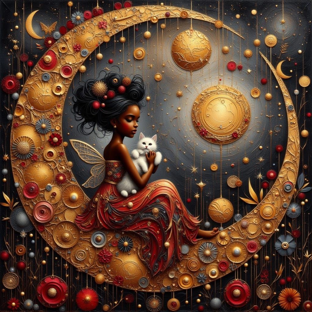 Black Girl on Moon Swing with Cat, Starry Sky