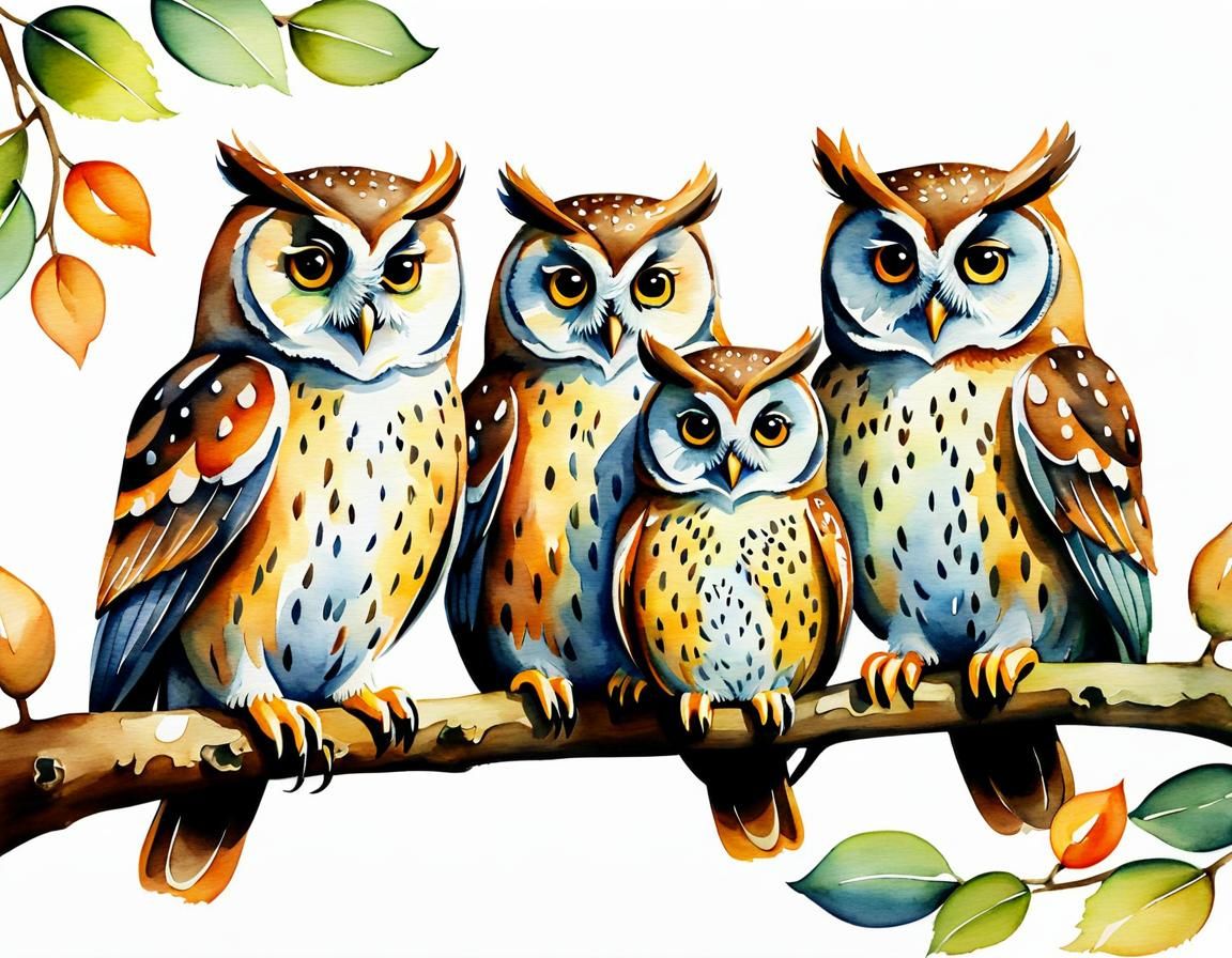 Whimsical Owl Family Tea Party in Watercolor
