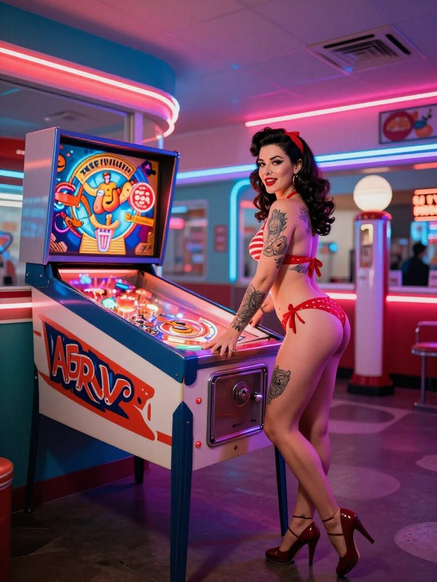 1950s Pin-Up Plays Vintage Pinball in Neon Gas Station