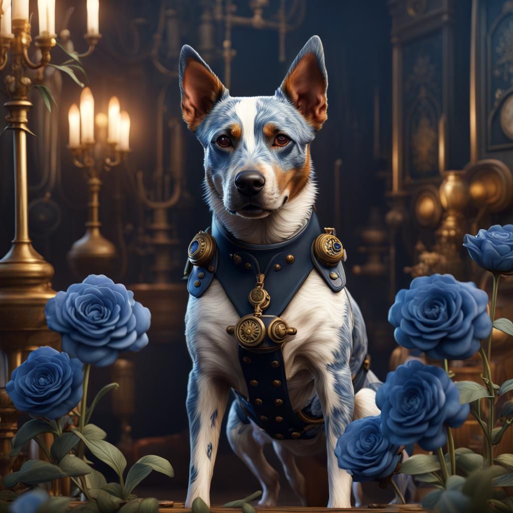 Steampunk Cattle Dog with Navy Flowers