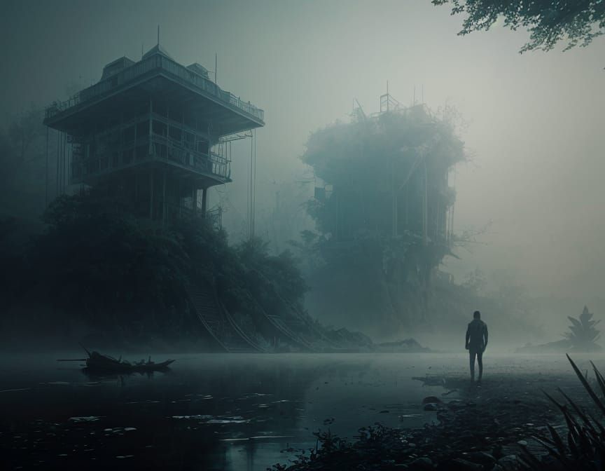 Detailed Foliage, Water, and Mist Illustration