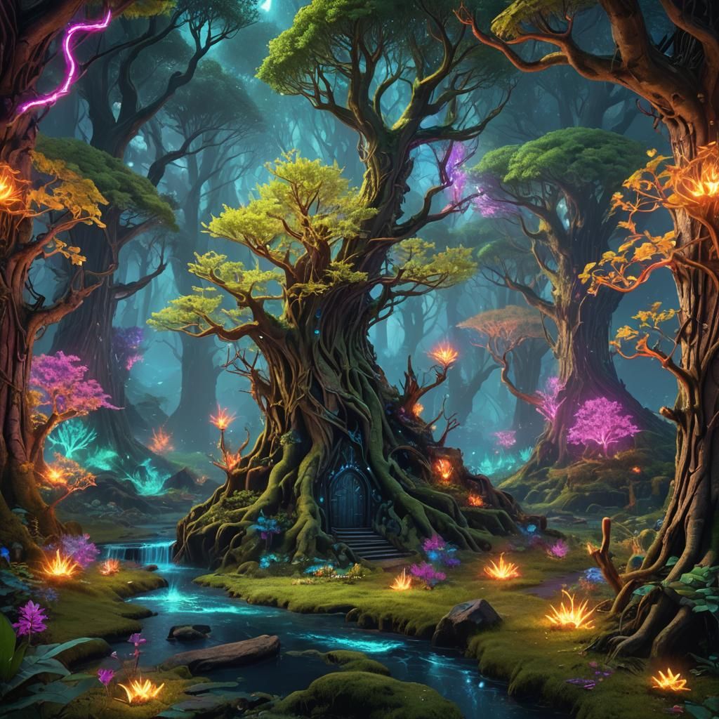Neon Elven Forest: A Fantastical Matte Painting