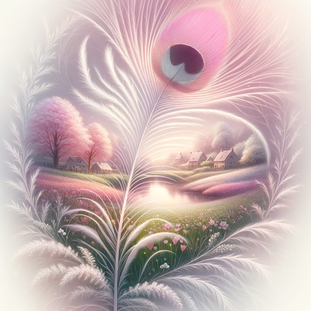 Dreamy Pastel Hued Village Scene with Delicate Feather Silho...