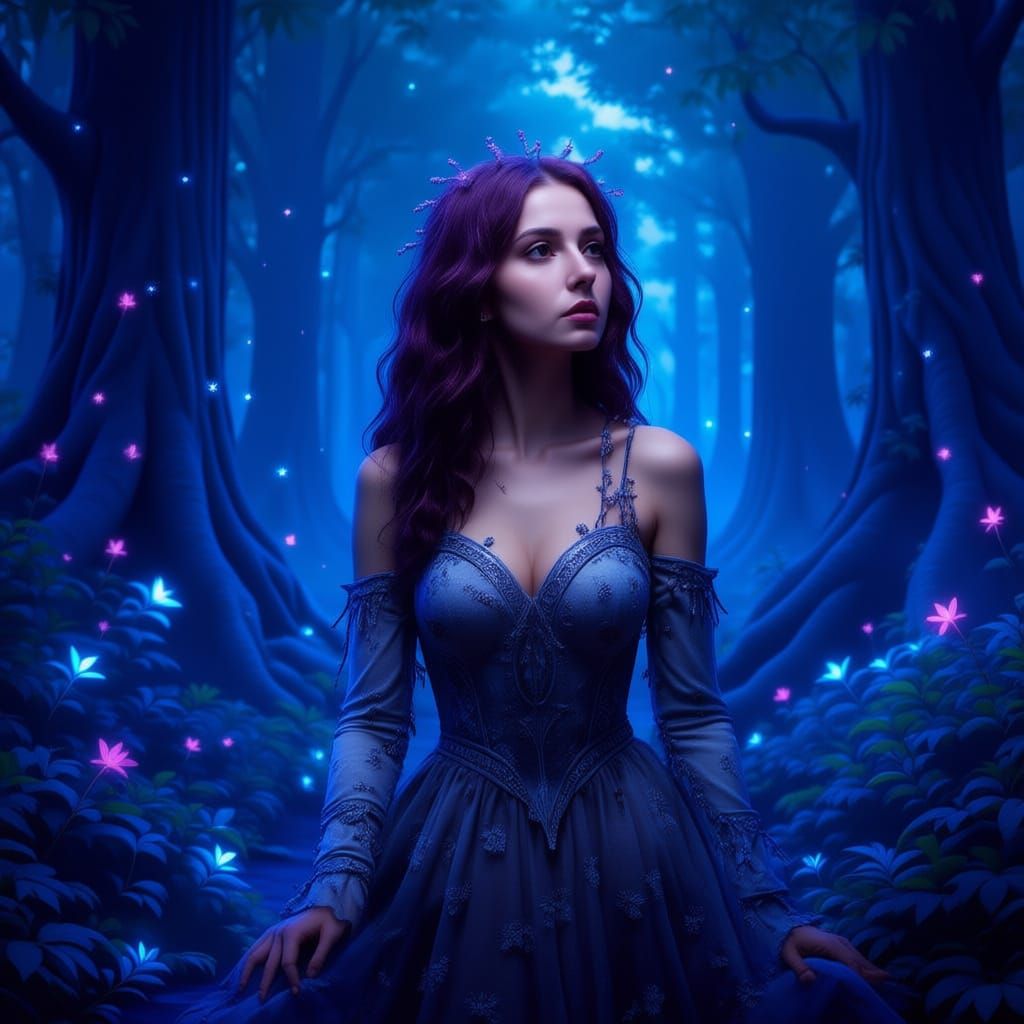 Bioluminescent Forest Twilight Path in Hyperrealistic Style