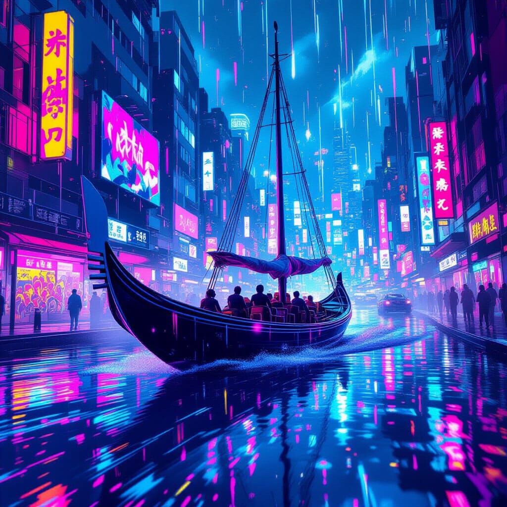 Synthwave Gondola in a Neon Storm