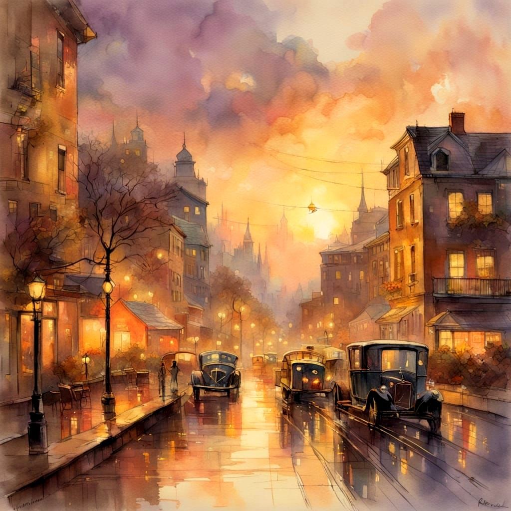 Dreamy Cityscape at Sunset in Warm Golden Light