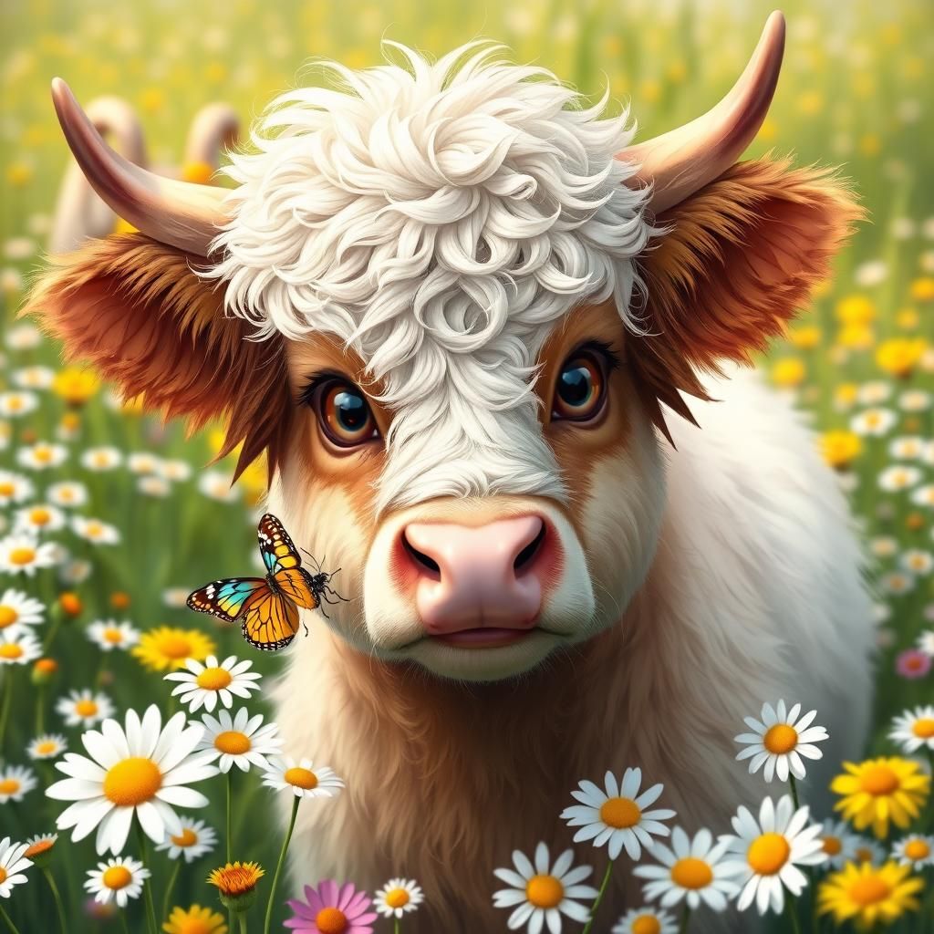 Adorable Highland Calf with Butterfly, Digital Illustration