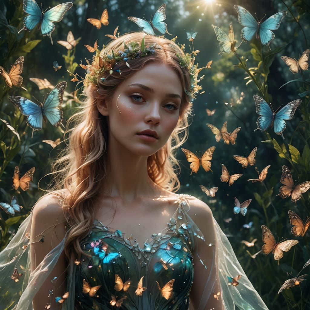 Celestial Nymph Portrait with Butterflies in Double Exposure