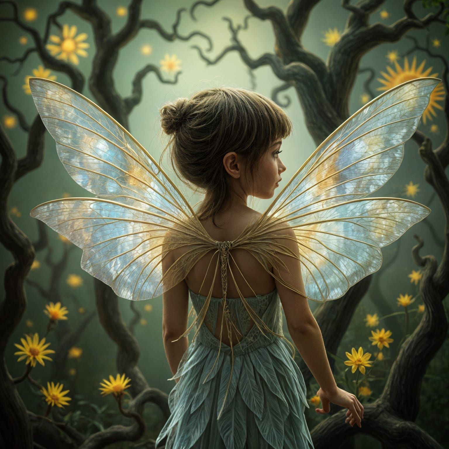 Vibrant Fairy with Symmetrical Wings in a Nature Scene