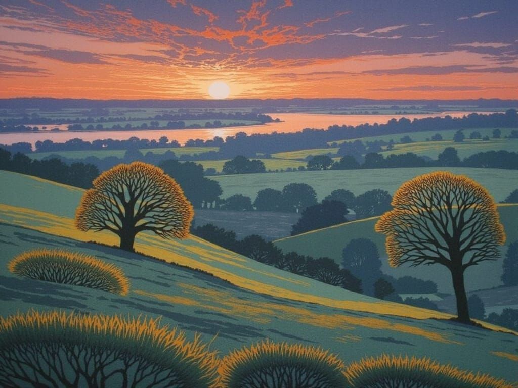 Landscape with Lake and Ancient Oaks at Dusk in Monotype Sty...