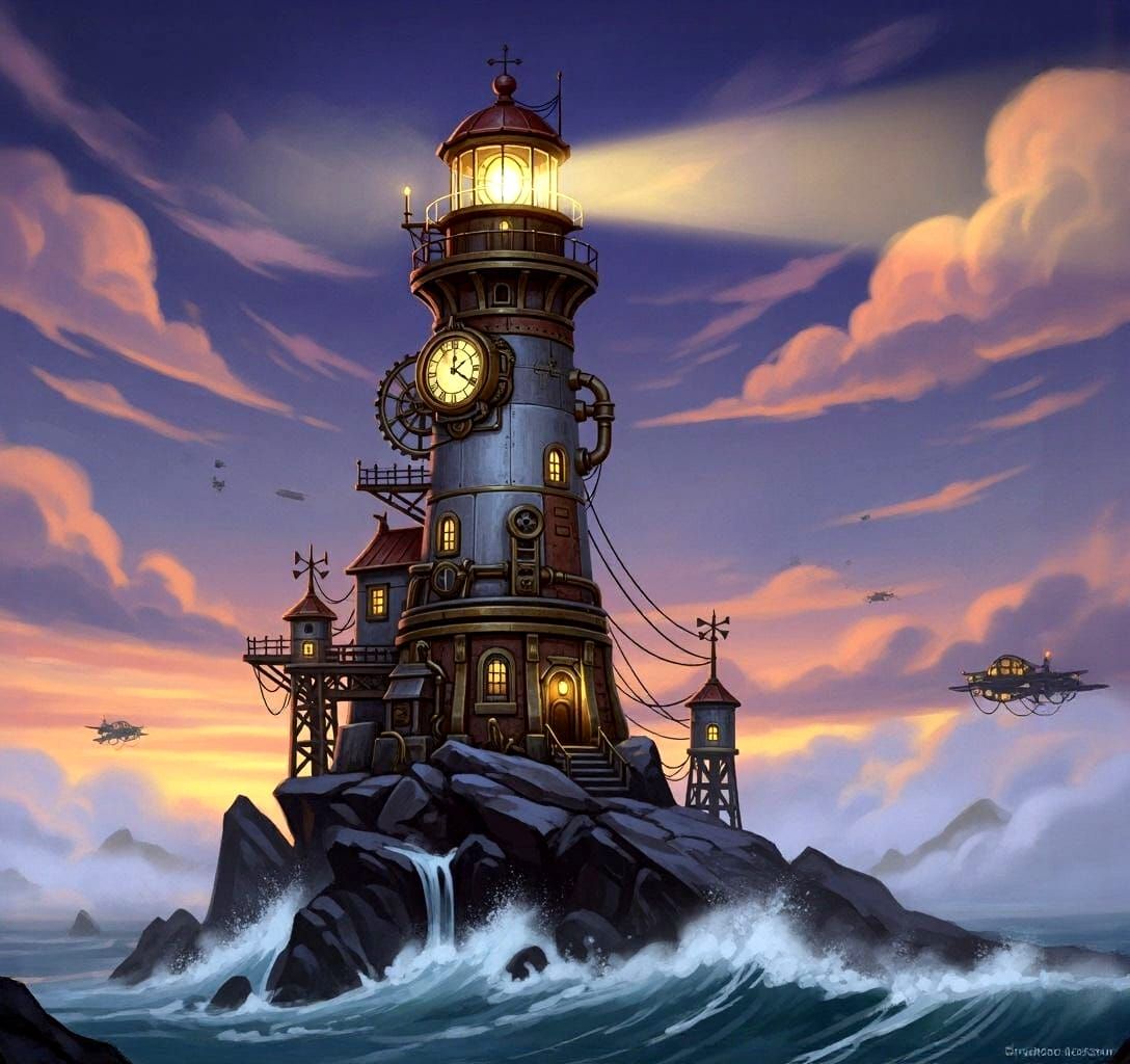Steampunk Lighthouse in Foggy Twilight, Painterly Style