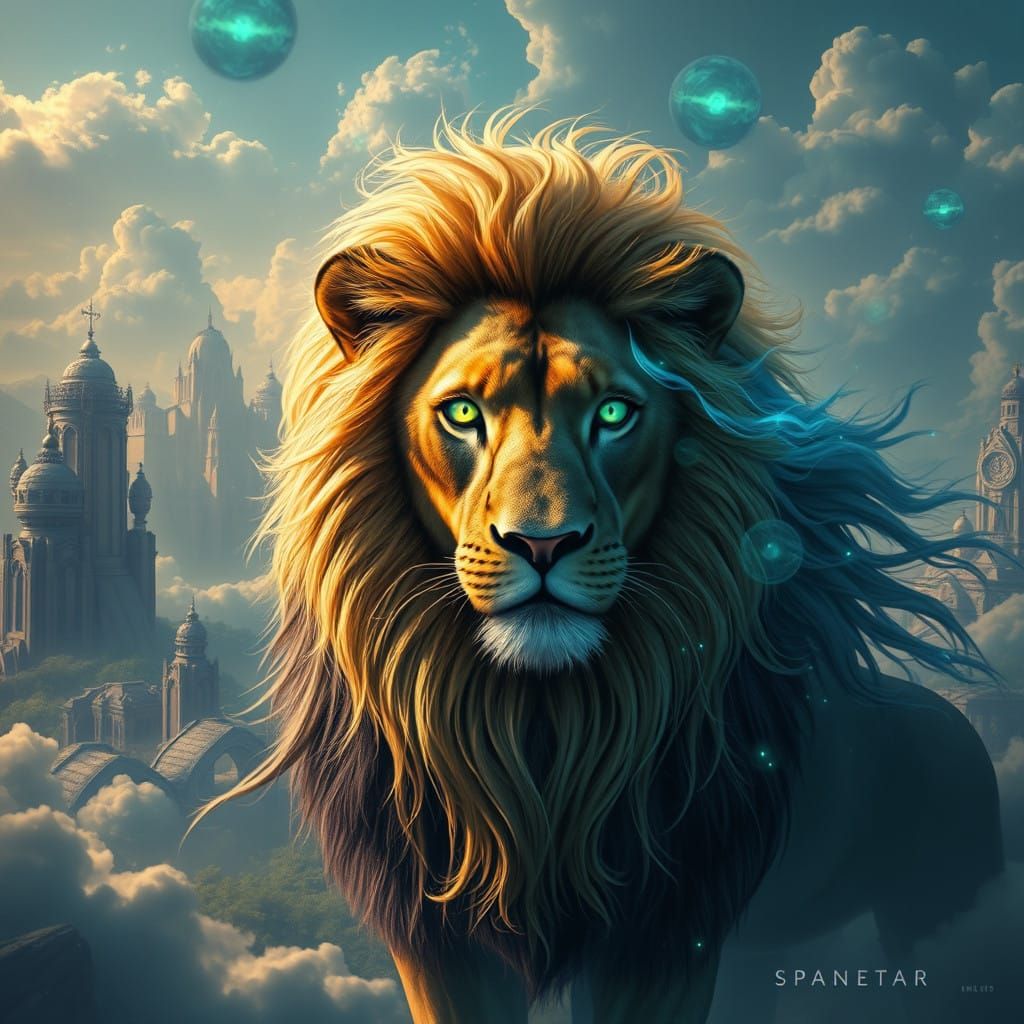 Lion and Mystic Companion in Dreamlike Realm