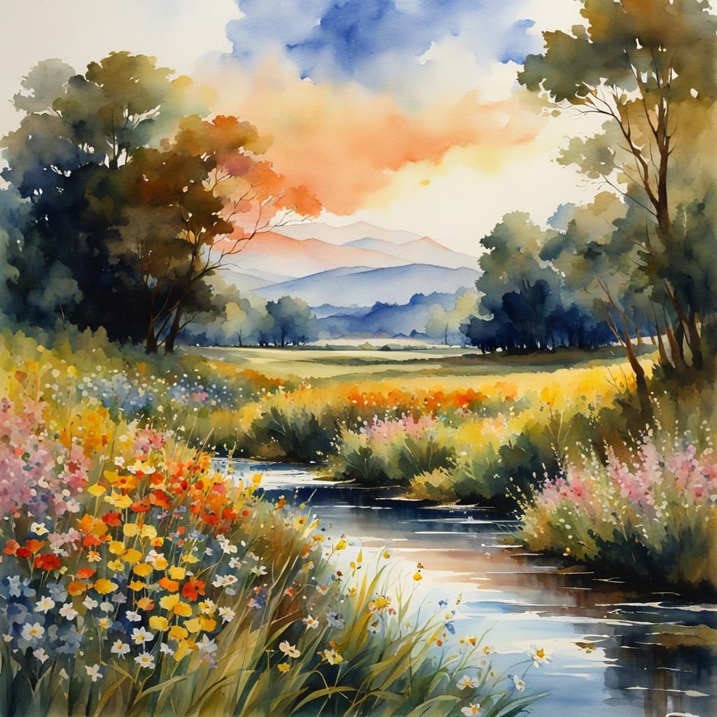 Watercolor Wildflowers by Stream in Anime Style