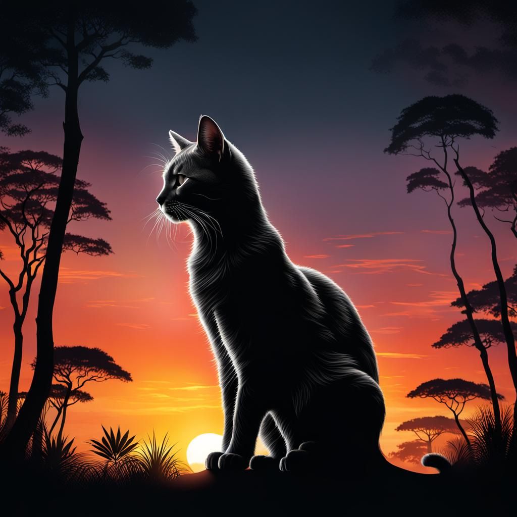 Elegant Cat Silhouette with African Sunrise