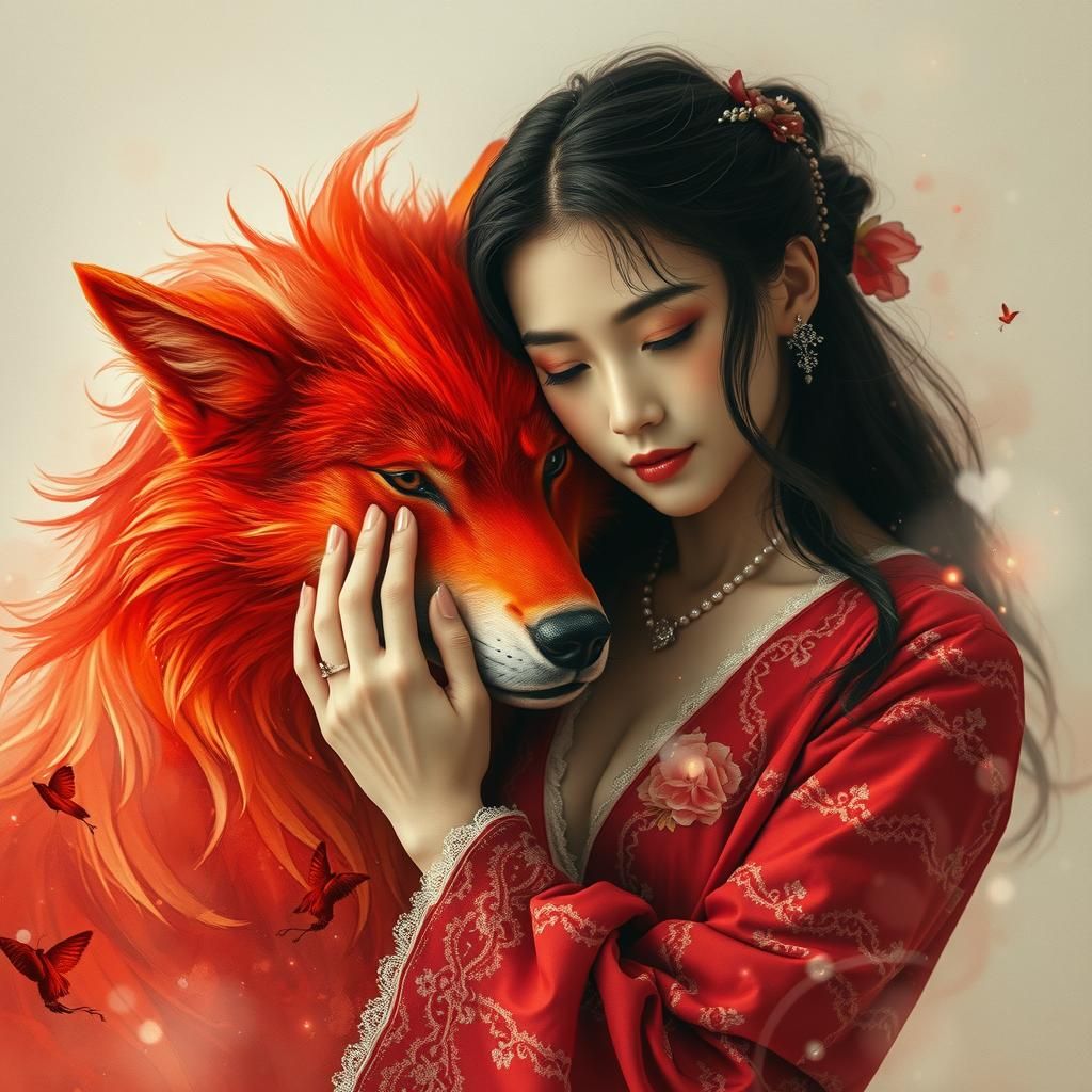 Fiery Wolf Embrace in Digital Watercolor Haze