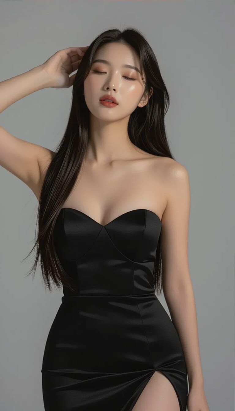 Elegant Korean Woman in Strapless Black Dress Fashion Portra...