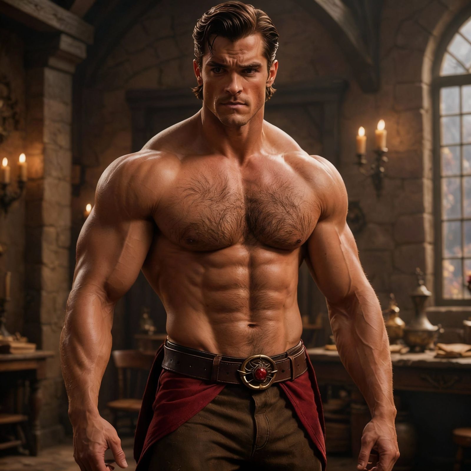 Gaston Flexes Biceps in Medieval Pub Cinematic Style