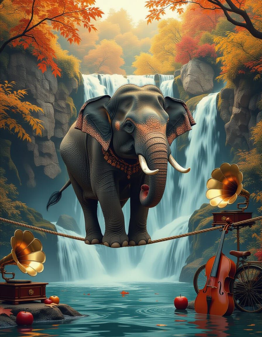 Elephant on Tight Rope Over Autumn Waterfall
