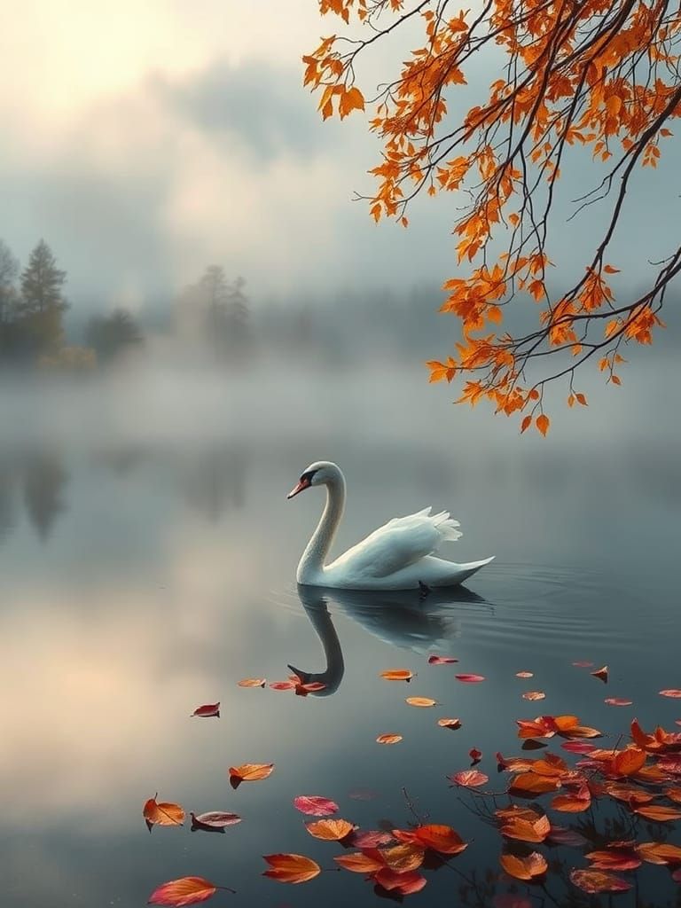 Swan on Misty Lake with Autumn Foliage