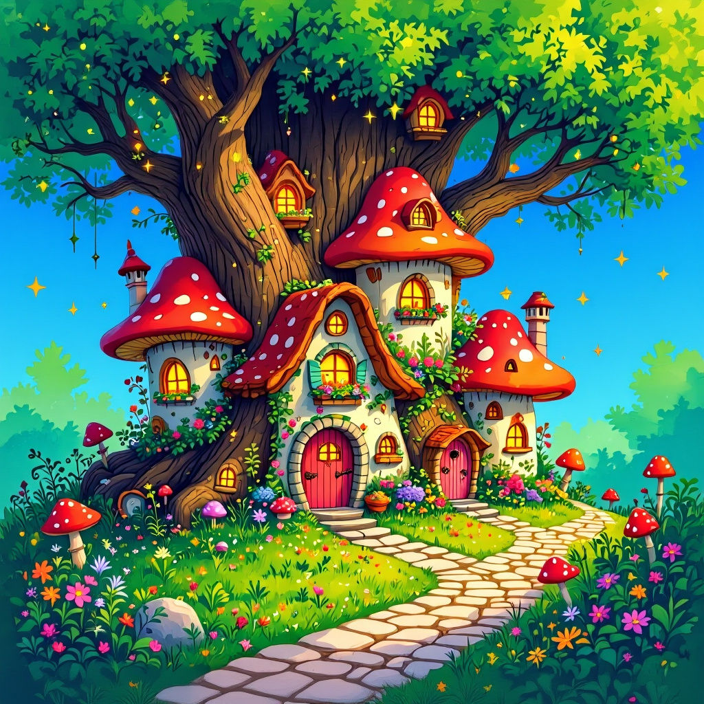 Whimsical Fairy Village in Watercolor Style