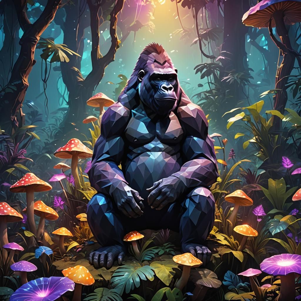 Autistic Gorilla King in Glowing Jungle, Low-Poly Art