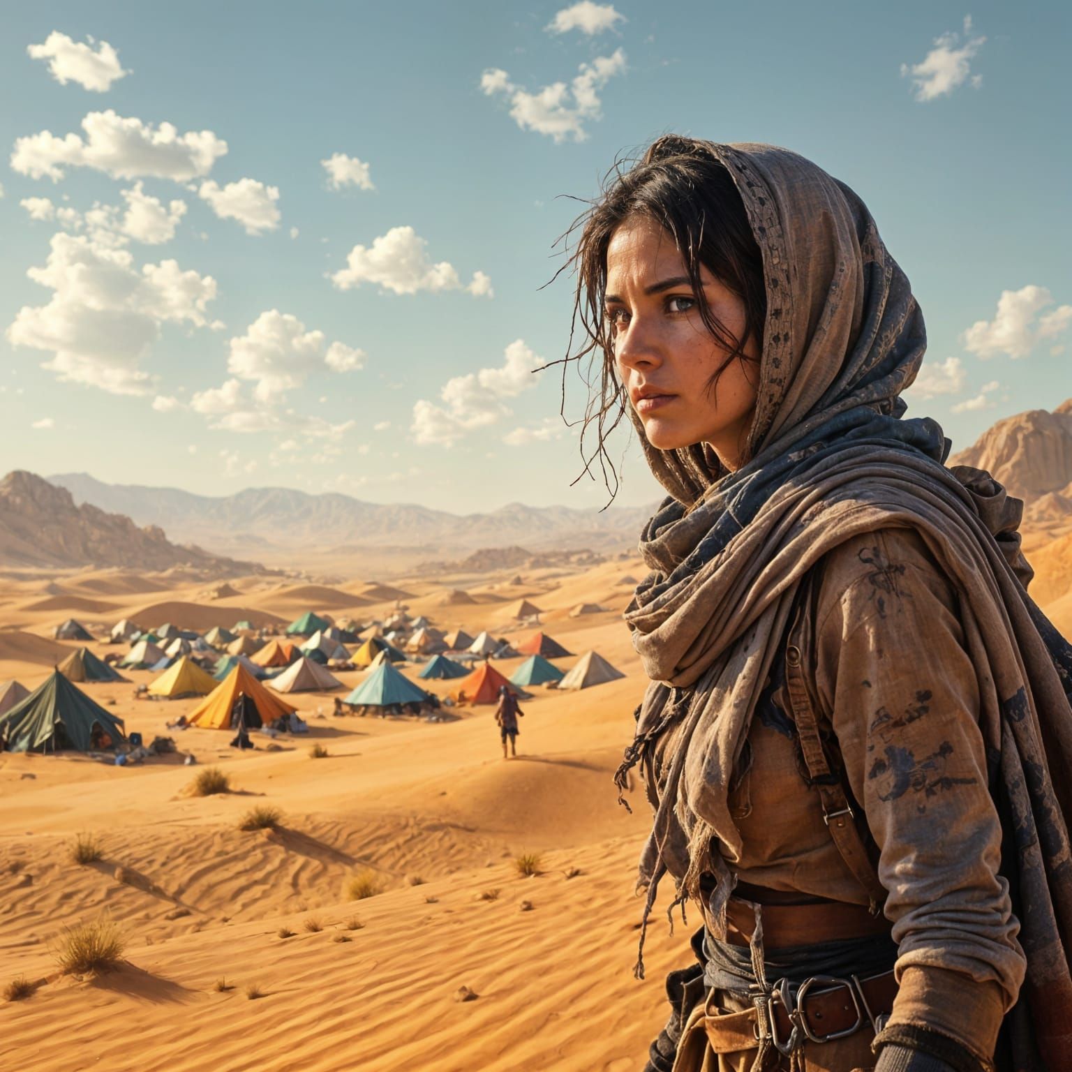 Woman Crossing Desert Towards Village